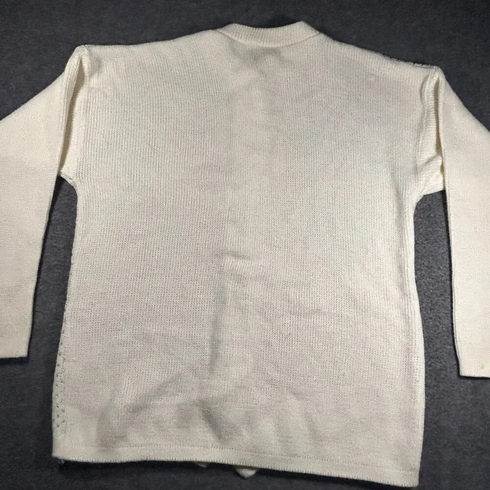 Vintage Cream Metallic Long Sleeve Cardigan Sweater Gold Bow Holiday Pearl - Picture 15 of 15